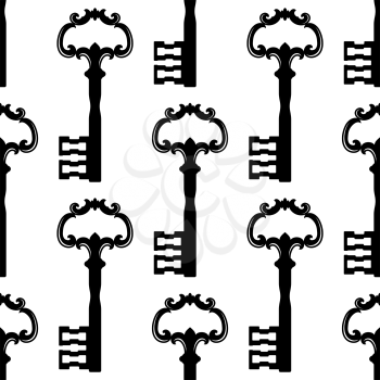 Stylized black keys seamless pattern with bows adorned by floral ornaments on white background