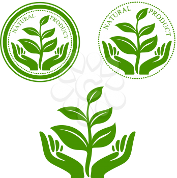 Natural product green symbol with hands holding delicate plant sprout, framed by round seals, for package or promotion design