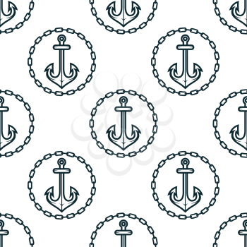 Vintage dark blue ship anchors seamless pattern framed by round chain borders on white background for marine design