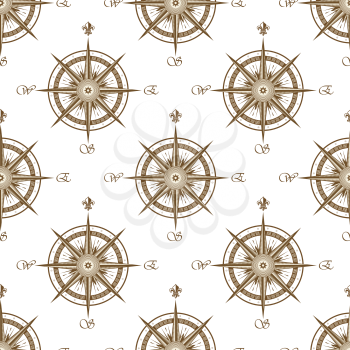 Vintage brown nautical compass seamless pattern with victorian stylized direction marks decorated by fleur de lys ornaments