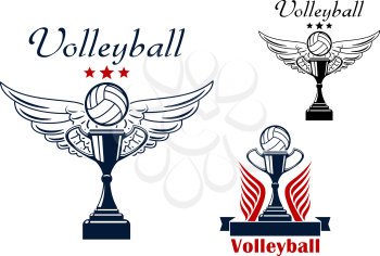 Volleyball sporting icons with winged ball, soaring above the trophy cup, with stars and classic volleyball ball on the prize