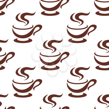 Steaming coffee cups seamless pattern of porcelain cappuccino cups with elegant handles, on white background