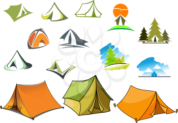 Tourism and camping symbols with tents and nature landscapes with mountains and forest. For travel and adventure design
