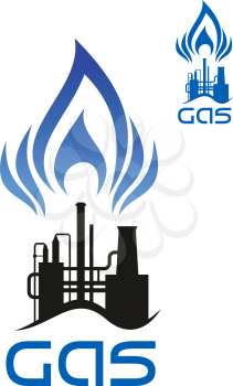 Oil and natural gas industrial factory icon with long pipes and blue flame of gas