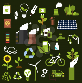 Ecology symbols with flat icons of industrial pollution, transport, saving natural resources, green energy and oil, light bulbs,  renewable resources, recycling and protect environment 