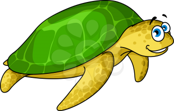 Cartoon swimming sea turtle character with yellow spotted skin and green shell isolated on white background