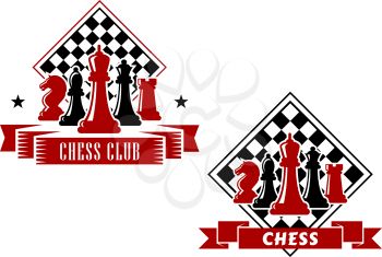 Chess emblems in black and red colors with king, queen, bishop, knight and rook pieces with turned chess board on the background, decorated with ribbon banners and stars