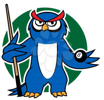 Cartoon blue owl player with billiard  ball and cue, for sporting mascot design