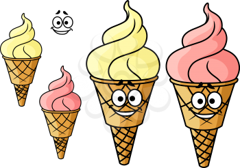 Joyful vanilla and strawberry ice cream cones cartoon characters isolated on white background in torch shape