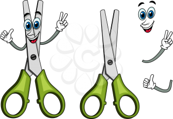 Happy scissors cartoon character with plastic green handles showing victory gesture, for education or stationery design
