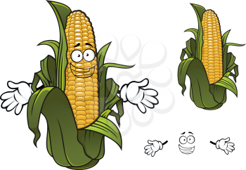 Sweet corn or maize vegetable cartoon character with rows of yellow kernels and papery thin green husks. For agriculture design