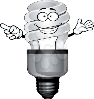 Happy compact fluorescent saving light bulb cartoon character with white glass tube, isolated on white background