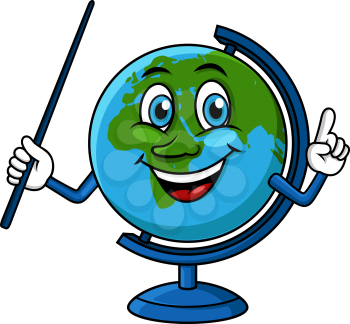 Smiling globe cartoon character with blue pointer in hand, for education or geography lessons design