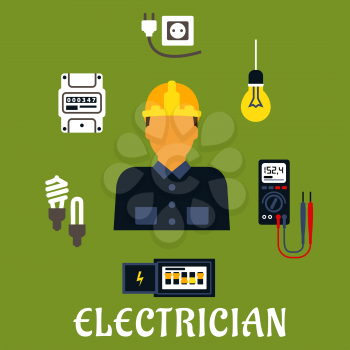 Electrician profession flat design with man in yellow hard helmet and coveralls encircled by energy saving and light bulbs, plug and socket, electricity meter, circuit breaker, multimeter