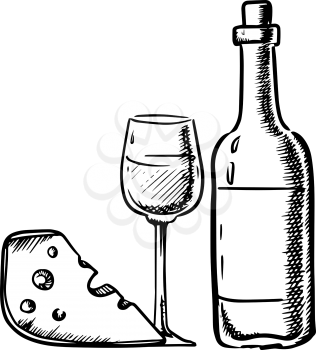 Bottle of wine with wineglass and slice of cheese in sketch style. For food and beverage design