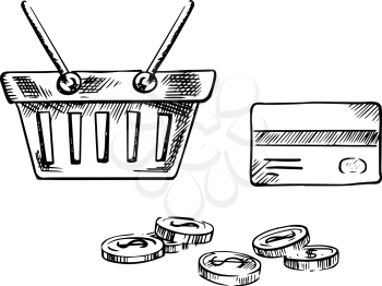Shopping cart with credit card and dollar coins isolated on white background, sketch style