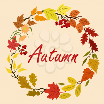 Autumn leaves and flowers wreath with colorful tree leaves, herbs, flourishes and viburnum fruits on background 