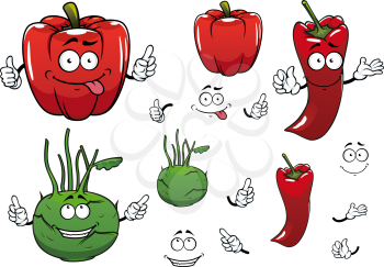 Healthy fresh kohlrabi cabbage, red chili and bell pepper vegetables cartoon characters with happy smiling faces, for agriculture or vegetarian food design