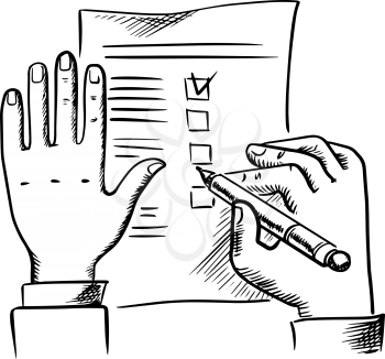 Businessman filling checklist or to do list with pen, sketch style