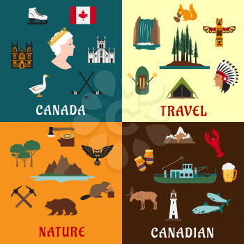 Canadian travel symbols and nature landmarks with national flag, fishing and timber industry, hockey, forest, waterfall, mountains, aboriginal culture, animals and bird flat icons
