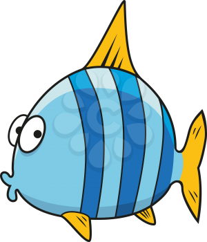 Funny tropical fish cartoon character with bright blue striped body, yellow fins and tail