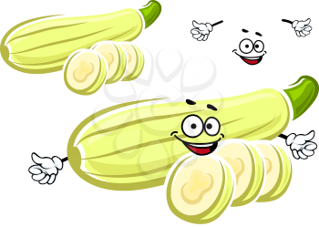 Healthy whole and sliced zucchini vegetable cartoon character with light striped skin and happy smile, for vegetarian food or agriculture design