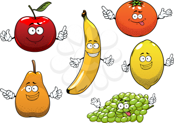 Funny ripe cartoon red apple, pear, banana, orange, green grape and lemon fruits characters for dessert food or agriculture design