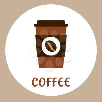 Flat takeaway coffee cup icon with paper holder, decorated by coffee bean, for fast food or cafe design