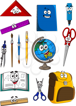 Happy cartoon school backpack, textbook, notebook, scissors, globe, rulers, triangle, highlighter, pencil, compasses, paintbrushes for education or back to school concept design