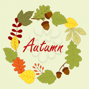 Autumnal frame composed by leaves, dry acorns and forest berries on background