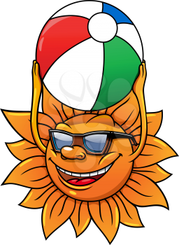 Funny cartoon summer sun in sunglasses and with ball in hands, for leisure or travel concept design