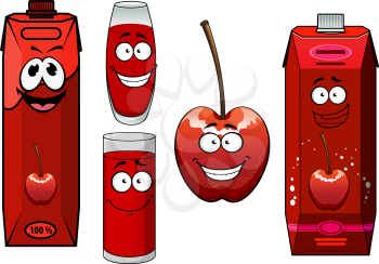 Happy sweet cherry juice cartoon characters with fresh cherry fruit, colorful juice packs and glasses