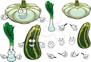 Fresh green leek, pattypan squash and striped zucchini vegetables cartoon characters with joyful smiling faces for agriculture or healthy food design