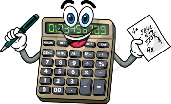 Cartoon smiling electronic calculator character with pen and note paper with calculations in hands, for education or finance design