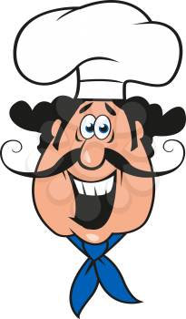 Happy italian chef cartoon character with thin curled moustache in traditional cook cap or toque and blue neckerchief