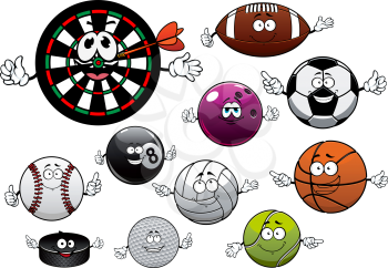 Sport balls with football or soccer, basketball, rugby, bowling, tennis, billiards, volleyball, golf, baseball, hockey puck and dartboard with arrow