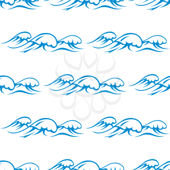 Blue outline seamless pattern of ocean waves with whitecaps on white background, for marine wallpaper or fabric design