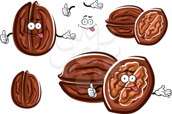 Funny whole and opened walnut cartoon characters with brown wrinkly nutshell and tasty kernel