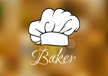 White chef and baker cap or toque traditional uniform with high headband and lush drapery isolated on blurred background with caption Baker