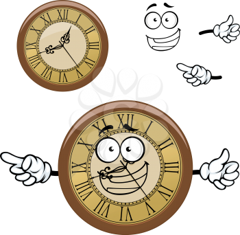 Happy roman numeral wall clock cartoon character with vintage round golden dial and wooden rim, for time concept design 