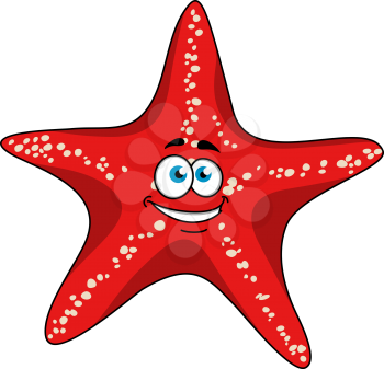 Happy tropical bright red starfish cartoon character with white spots. Isolated on white background for underwater wildlife or nature design