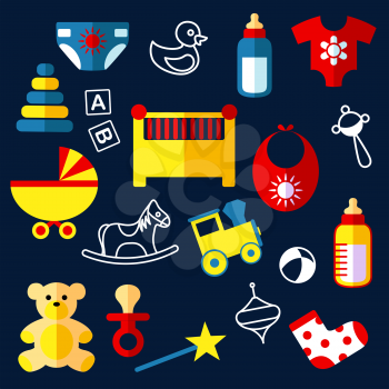 Baby toys and objects flat icons with crib, stroller, bottles, bib, baby dummy, rattle, diaper, clothes, bear, horse, train, pyramid, ball and blocks