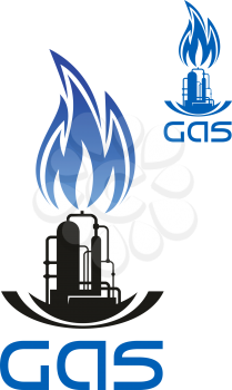 Gas and oil industry icon with black silhouette of industrial plant with storage tanks, pipelines and  blue flame above