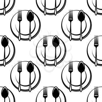 Plate with fork and spoon seamless pattern on white background, for restaurant or menu design