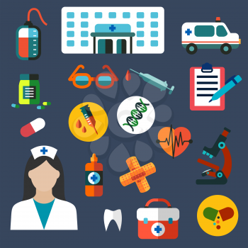 Medical flat icons of hospital building, ambulance car, doctor, first aid kit, glasses, microscope, medicine bottles, blood bag, heart, syringe, dna, plaster, clipboard, pen and tooth