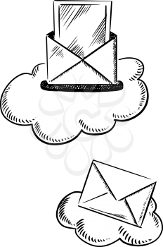 E-mail symbols show clouds with mailbox slot and opened letter, and with sealed mail envelope. Sketch style