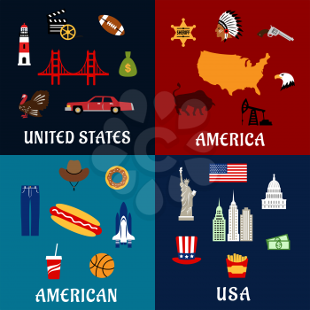USA travel flat icons with map, flag, dollars, fast food and drinks, statue of Liberty, skyscrapers, bridge, car, cowboy hat, gun, injun, sheriff star, eagle, movie, basketball and rugby ball