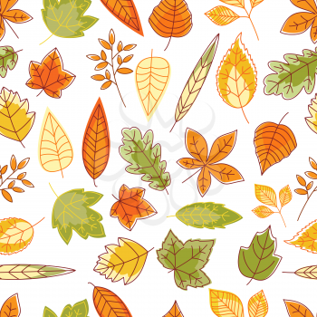 Seamless pattern with outline abstract red, orange, yellow and green autumn leaves