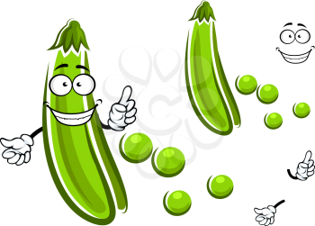 Sweet green pea pod vegetable cartoon character with fresh grains show attention sign. For vegetarian food or agriculture design