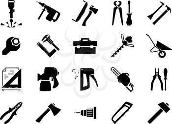 Hammers, screwdrivers, axes, saws, pliers, jackhammer, crowbar, wrench, vernier caliper, set square, toolbox, drill machine, wheelbarrow, drawing, spray gun, chainsaw and staple gun black icons set